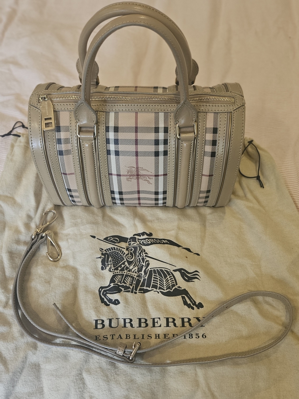 Burberry Beige/Tan Check Canvas Bowling Satchel with Leather Trim